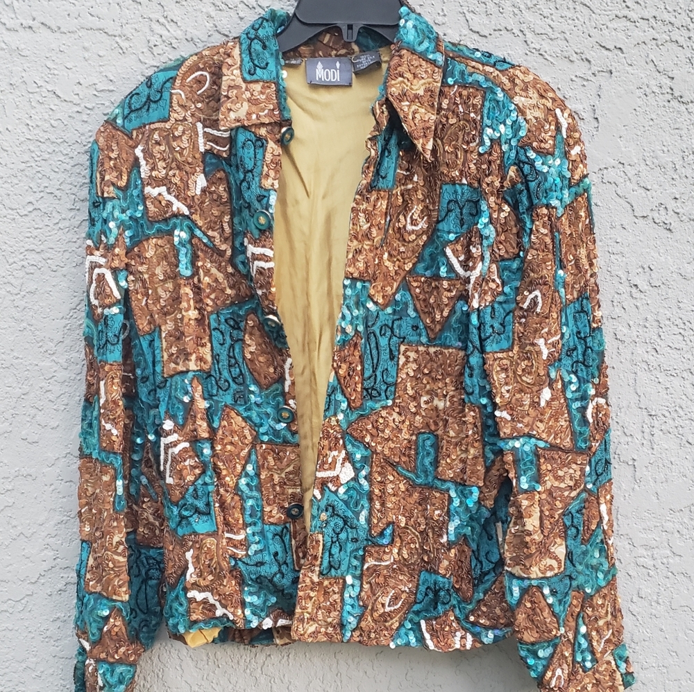 Vintage Modi 100% Silk Party Style Sequin Jacket Size M 8 10